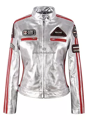 Buy SIZMA Ladies Gold/Silver Foiled Leather Jacket Retro Biker Racer Style Jessica • 139.99£