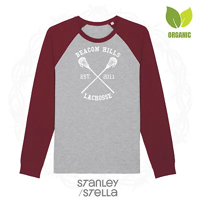Buy Beacon Hills Organic Longsleeve Unisex Baseball T- Shirt Maroon Stanley Stella • 12.95£