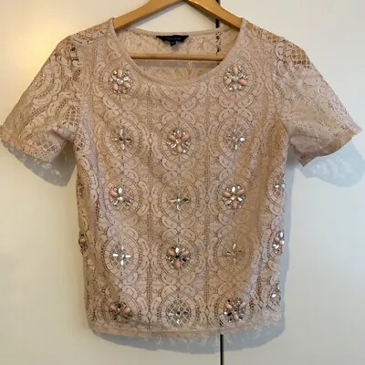 Buy New Look Pink Lace T-Shirt With Silver/Pink Jewelled Detail. Size 8. • 14£