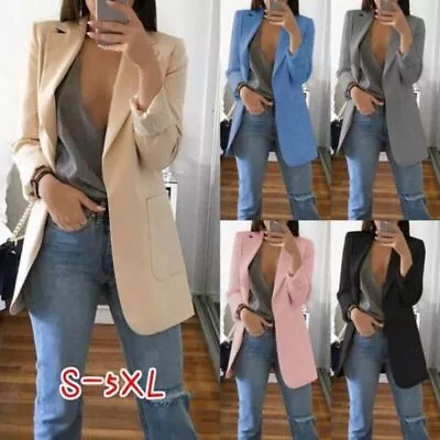 Buy Women's Long Collar Blazer Suit Jacket Ladies Formal Slim Coat Cardigan Outwear • 12.82£