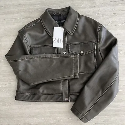 Buy Zara Charcoal Brown Black Faux Leather Jacket Size M Medium New • 49£
