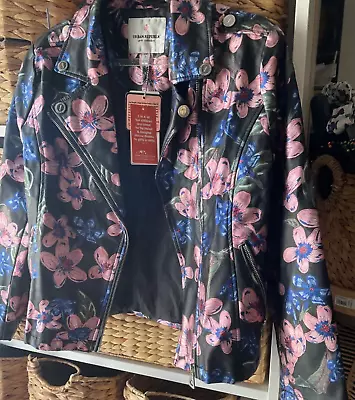 Buy Floral Leather Jacket Black Faux Fits Size 8 10 Flower Print • 85£