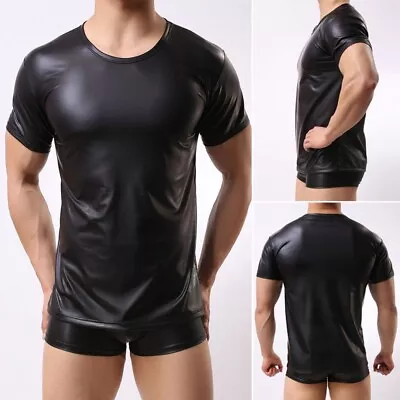 Buy Show Your Confidence With This Black Leather Round Neck Tshirt For Men • 16.09£