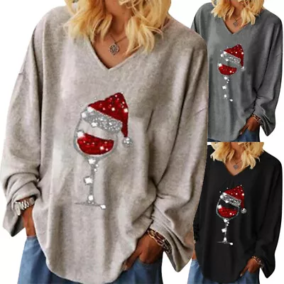 Buy Christmas Womens Wine Glass Tee T-shirt V-neck Long Sleeve Blouse Tops Pullover • 8.41£