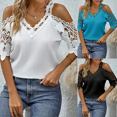 Buy Women Lace Cold Shoulder V Neck T-Shirt Ladies Summer Casual Loose Tops Blouse • 10.99£