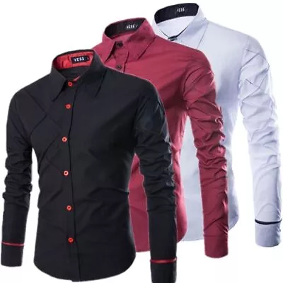 Buy Men Luxury Classic Long Sleeve Shirt Button Formal Casual Slim Fit Shirts CN • 13.51£