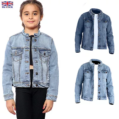 Buy New Girls Basic Collarless Denim Jacket  Long Sleeve Washed Jean Biker Style Top • 13.99£