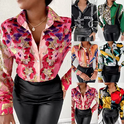 Buy Womens Printed Turn Down Collar T-Shirts OL Office Long Sleeve Basic Blouse Tops • 12.99£
