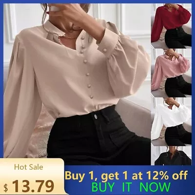 Buy Women Casual Loose Blouse Solid Tops Ladies Long Sleeve Work OL Button T Shirts • 13.79£