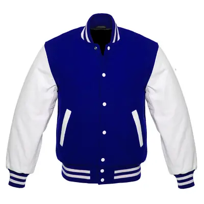 Buy Royal Blue Wool&White Real Leather Arms Varsity Letterman College Bomber Jacket • 99£