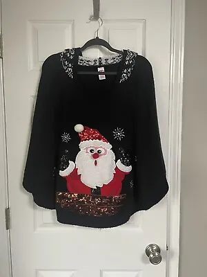 Buy Christmas Sweater Womens Medium Black Sequins Santa Holiday  Poncho Hooded • 14.24£