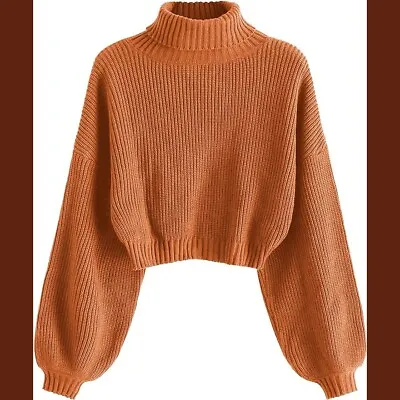 Buy ZAFUL Rust Cropped Chunky Turtleneck Sweater Lantern Sleeve Ribbed Knit Pullover • 27.86£