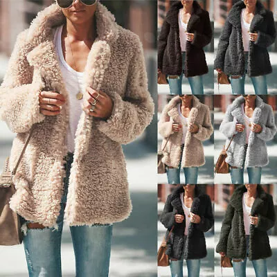 Buy Damen Teddy Bear Coat Winter Warm Jacket Fleece Lapel Outwear Short Overcoat UK • 16.79£