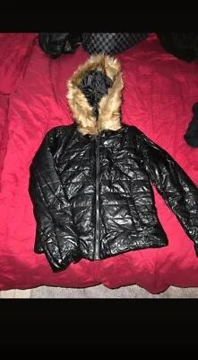 Buy G654 Black Faux Leather Hooded With Faur Fur Trim Puffer  Jacket Size S • 7.50£