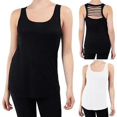 Buy Ladies Womens Plain Vest Sleeveless Stretchy Cami Slashed Back Wide Tank Tops • 3.49£