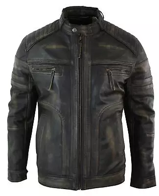 Buy Mens Black Brown Vintage Biker Real Leather Jacket Distressed Zipped Casual • 148.49£