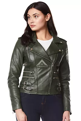 Buy MYSTIQUE Ladies Real Leather Jacket Green Designer Biker Motorcycle Jacket 7113 • 97.58£