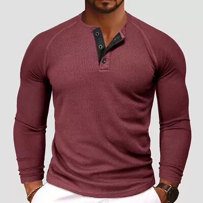 Buy Mens Ribbed Henley Shirts Long Sleeve Button Grandad Plain Casual Tops T-Shirt • 14.29£