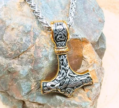 Buy Viking Thors Hammer Mjolnir Necklace Stainless Steel Men's Silver Amulet Pendant • 13.45£