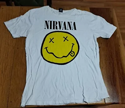 Buy Nirvana XL Cotton Smiley Face Logo Cobain T-Shirt Graphic Adult White FREE POST  • 15.58£