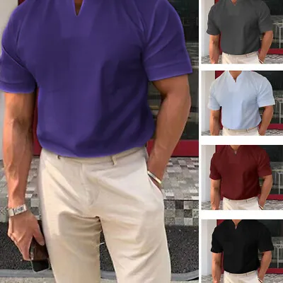 Buy Mens Summer Grandad Shirts Henley Tops Short Sleeve Slim T-Shirt Casual Blouse • 6.76£