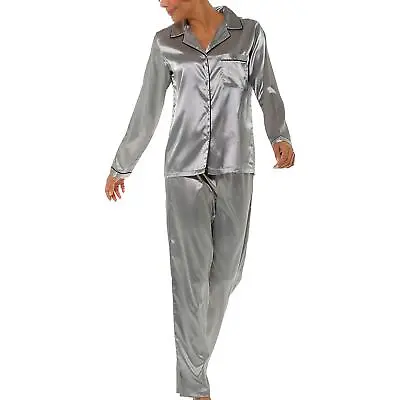 Buy A2Z Ladies Silk Satin Pyjamas Button Top Bottom Silver Sleepwear Bride PJS Set • 16.99£