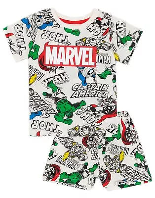 Buy Marvel Boys Pyjama Set | Kids White T-Shirt & Shorts PJs Superhero Nightwear • 9.95£