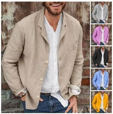 Buy Loose Suit Men's Collar Jacket Spring Summer Cotton Linen Casual Men's Clothing • 18.99£