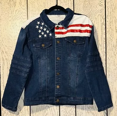 Buy Stars And Stripes Faux Leather Womens Jean Jacket Sz L • 42.42£