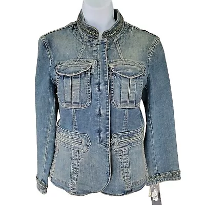Buy DKNY Jeans Fitted And Beaded Denim Jean Jacket Womens Size 10  Embellished NWT  • 82.04£
