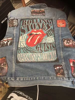 Buy Go West Vintage Denim Jacket Reworked With Rolling Stones Patchwork XL • 19.99£