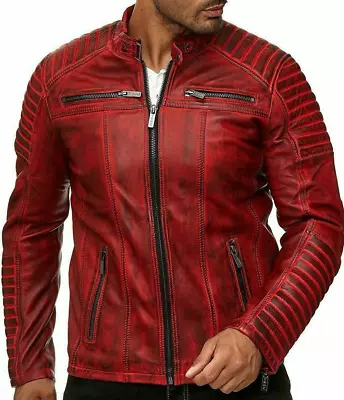 Buy Men's Distressed Leather Jacket Biker Vintage Cafe Racer Red Leather Jacket • 99.99£