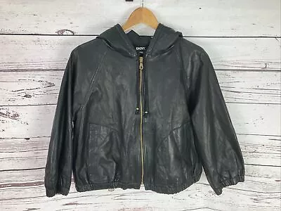 Buy DKNY Leather Jacket M Cropped Bomber Hooded 3/4 Sleeves VGC • 49.99£