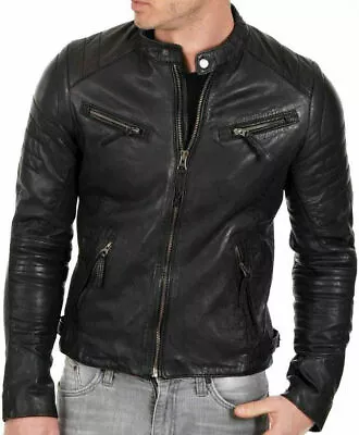Buy New Men's Genuine Lambskin Leather Jacket Black Slim Fit Biker Jacket • 94.22£