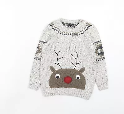 Buy NEXT Boys Grey Round Neck Cotton Pullover Jumper Size 6-7 Years Button - Reindee • 3.50£