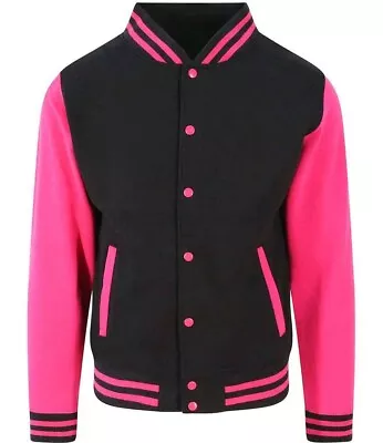 Buy Black / Pink JUST HOODS Unisex Varsity Jacket XL - TO CLEAR • 17£