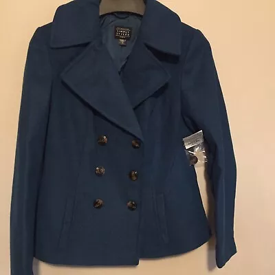 Buy Womens Small Blue Pea Coat Double-Breasted Jacket NWT Simply Styled • 36.32£