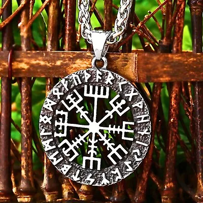 Buy Viking Compass Vegvisir Runes Stainless Steel Protection Power Pendant Necklace • 9.95£