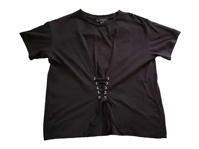 Buy Black Corset Lace Up Front Cotton T Shirt 16-18 Goth Rock Plus • 5.99£