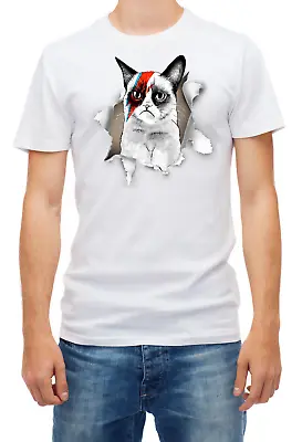 Buy Torn Effect Grumpy Cat Musician Artist,David Bowie Short Sleeve Men T Shirt K952 • 9.69£