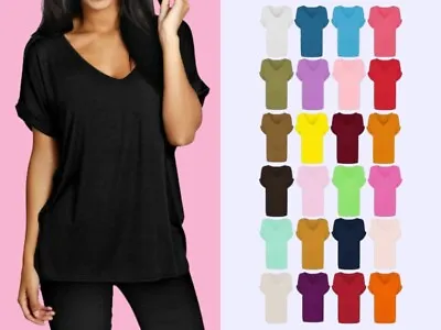 Buy Women Ladies Baggy Oversized Loose Fit Turn Up Batwing Sleeve V Neck Top T Shirt • 5.49£