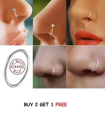 Buy Nose Hoop 925 Sterling Silver  Nose Ring Small Nose Hoop Plain Crystal NOSE RING • 3.49£