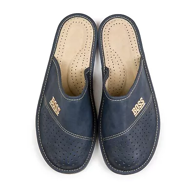 Buy Mens Leather Slippers Blue Comfort Slip On Shoe Size 7-11.5 Mule HandMade • 10.89£