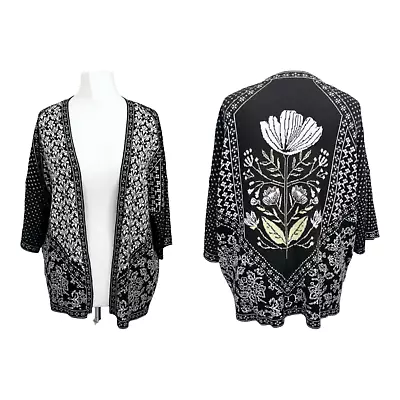 Buy Black Floral Oversized Cardigan Size 14 Tapestry White Cotton Blend Knit • 17£