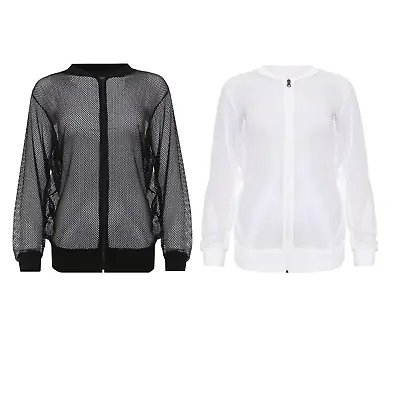 Buy Women's Plus Mesh Bomber Jacket Ladies Long Sleeve Net Plain Zip Top • 17.99£