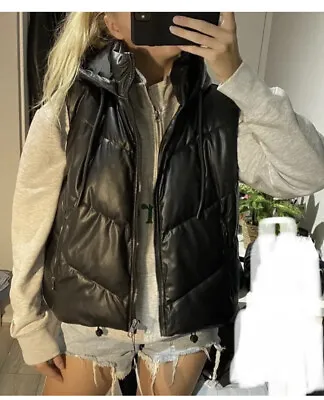 Buy Zara Faux Leather Black Hooded Puffer Gilet Jacket BNWT S XS 3046/031 Bloggers • 25£