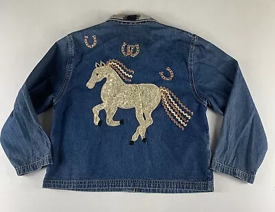 Buy Dont Mess With Texas Denim Jacket Womens Large Blue Embroidered Horse Beads West • 16.53£