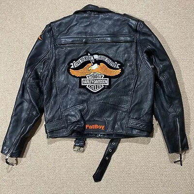Buy Harley Davidson Patch Leather Biker Jacket Mens Medium Black Heavy Hide Fatboy • 109.99£