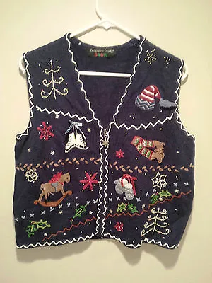 Buy Vintage Ugly Christmas Sweater Tacky - Medium M Navy Blue Hampshire Studio Flake • 13.44£