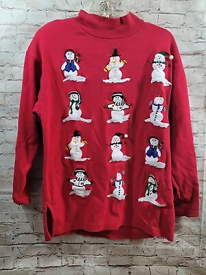Buy VTG Bechamel Women Ugly Sweater Med Red Snowmen Drop Shoulder Split Hem Pullover • 10.69£